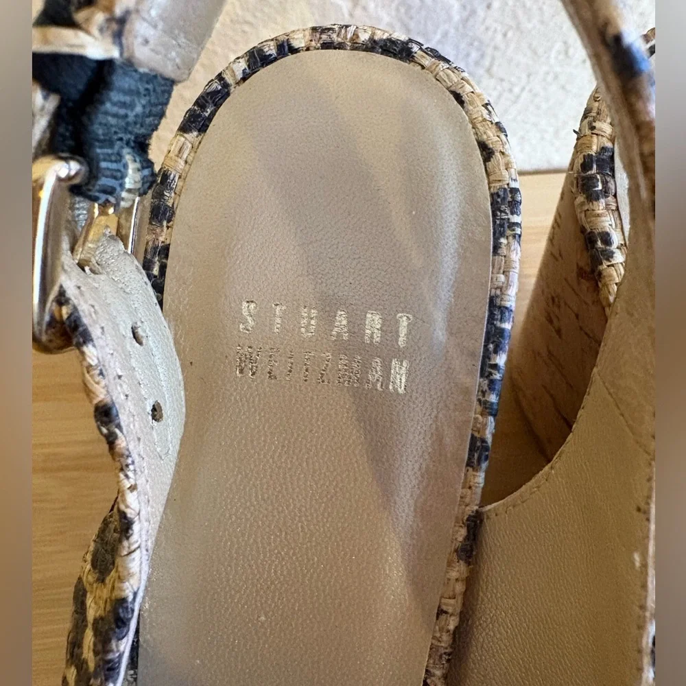 Stuart Weitzman Woven Leopard-Print Cork Slingback Wedges 8.5 Narrow - Picture 9 of 10